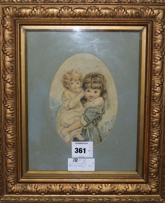 Early 20th century, watercolour of two girls, 18 x 13cm